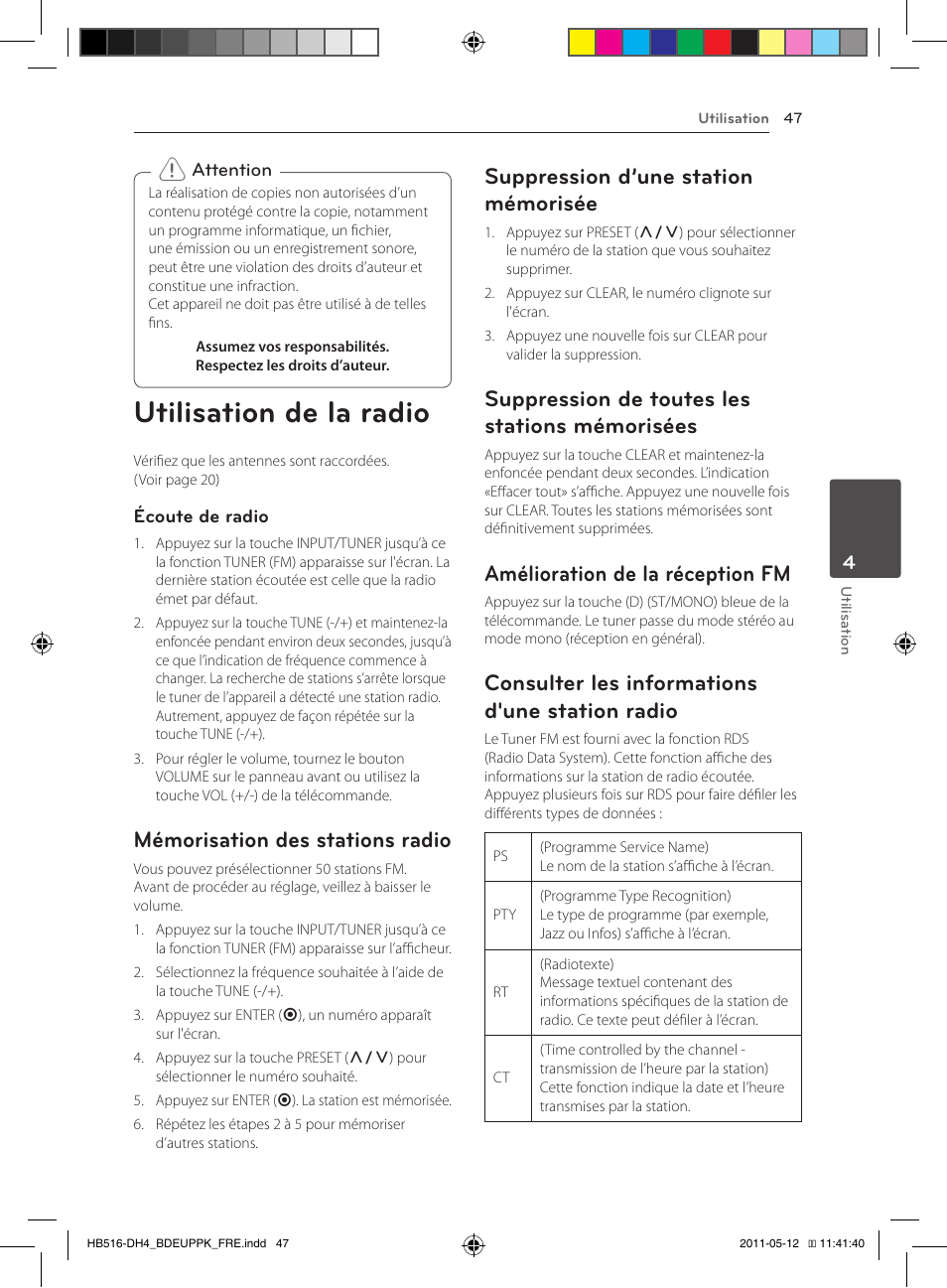 Mémorisées, Station radio, Utilisation de la radio | Mémorisation des stations radio, Suppression d’une station mémorisée, Suppression de toutes les stations mémorisées, Amélioration de la réception fm, Consulter les informations d'une station radio | Pioneer BCS-FS111 User Manual | Page 107 / 376