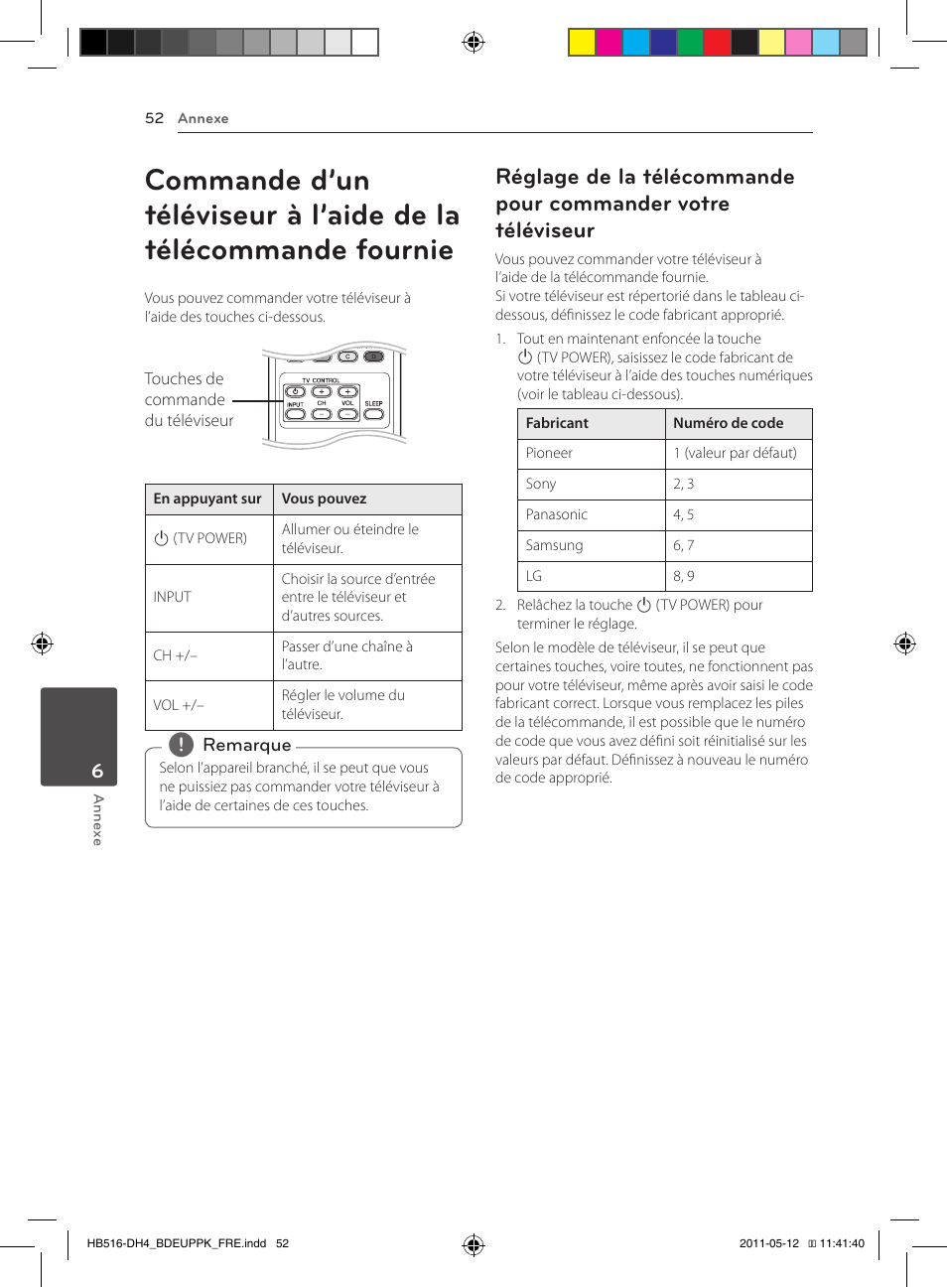 52 commande d’un téléviseur à l’aide de la, Télécommande fournie, 52 – réglage de la télécommande pour | Commander votre téléviseur | Pioneer BCS-FS111 User Manual | Page 112 / 376
