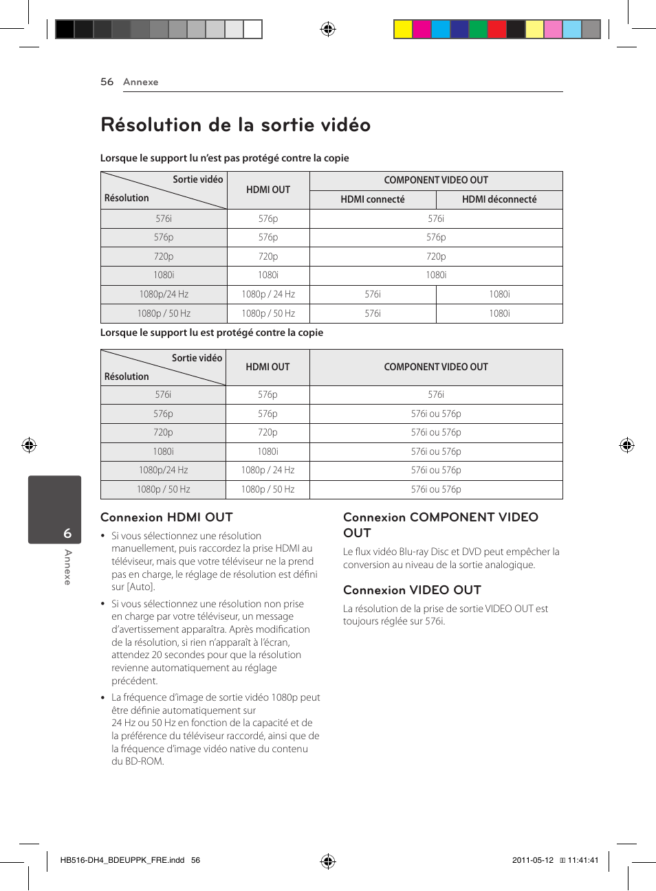 56 résolution de la sortie vidéo, Résolution de la sortie vidéo, Connexion hdmi out | Connexion component video out, Connexion video out | Pioneer BCS-FS111 User Manual | Page 116 / 376