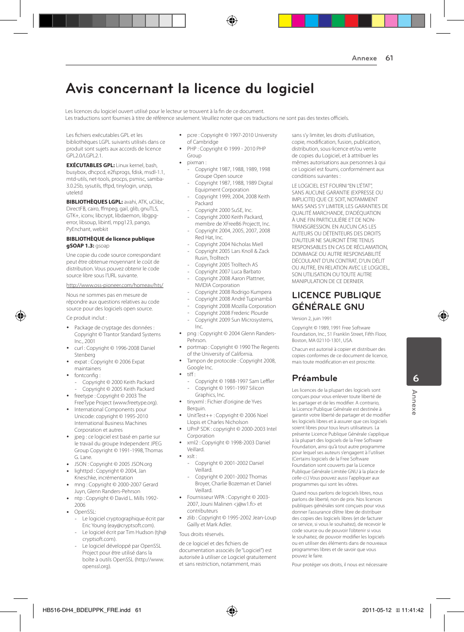 Avis concernant la licence du logiciel, Licence publique générale gnu, Préambule | Annexe 61 annex e | Pioneer BCS-FS111 User Manual | Page 121 / 376