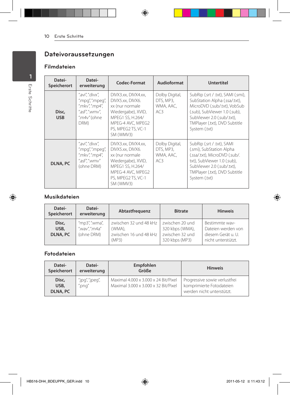 10 – dateivoraussetzungen, Dateivoraussetzungen, Filmdateien | Musikdateien, Fotodateien | Pioneer BCS-FS111 User Manual | Page 136 / 376