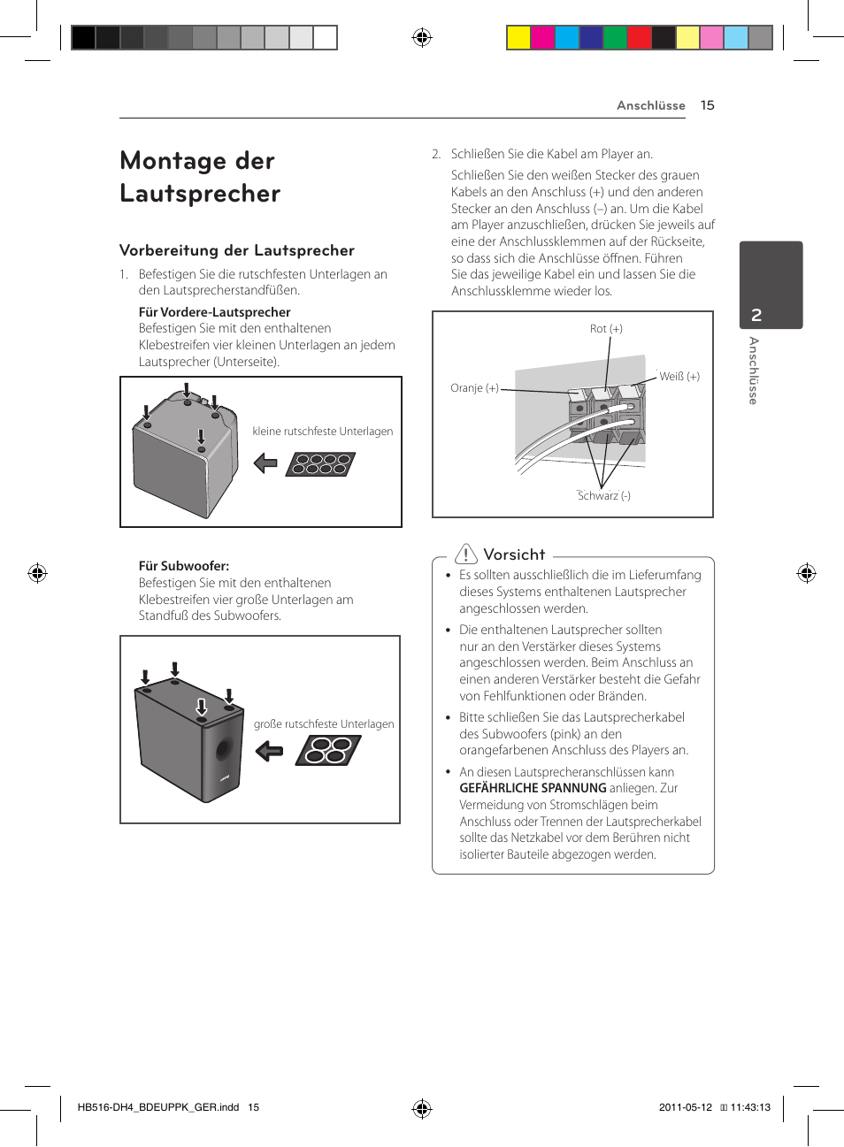Montage der lautsprecher, Vorbereitung der lautsprecher, Vorsicht | Pioneer BCS-FS111 User Manual | Page 141 / 376