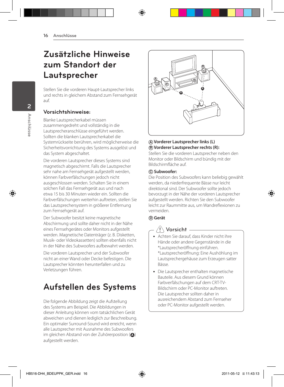 Zusätzliche hinweise zum standort der lautsprecher, Aufstellen des systems, Vorsichtshinweise | Vorsicht | Pioneer BCS-FS111 User Manual | Page 142 / 376