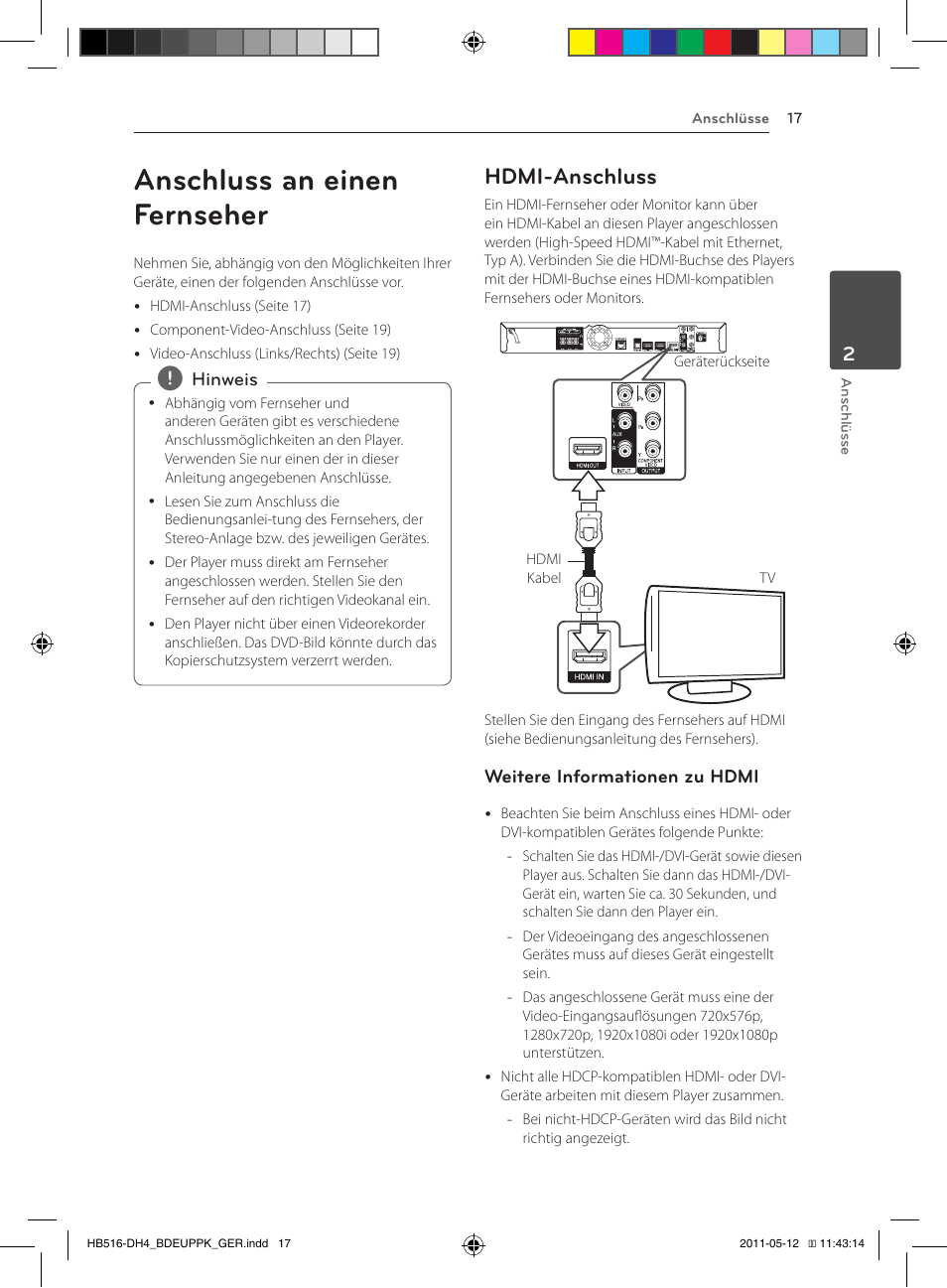 Anschluss an einen fernseher, Hdmi-anschluss | Pioneer BCS-FS111 User Manual | Page 143 / 376