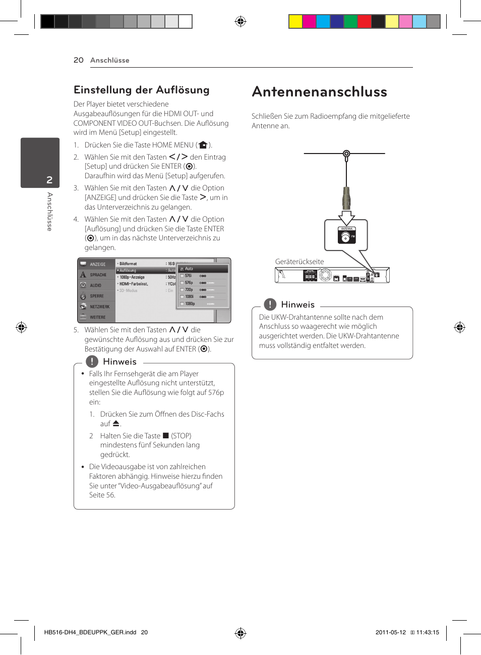 Antennenanschluss, Einstellung der auflösung | Pioneer BCS-FS111 User Manual | Page 146 / 376