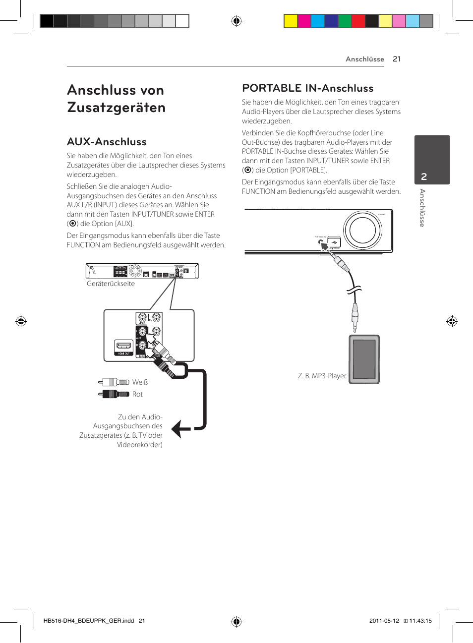 Anschluss von zusatzgeräten, 21 – aux-anschluss 21 – portable in-anschluss, Aux-anschluss | Portable in-anschluss | Pioneer BCS-FS111 User Manual | Page 147 / 376
