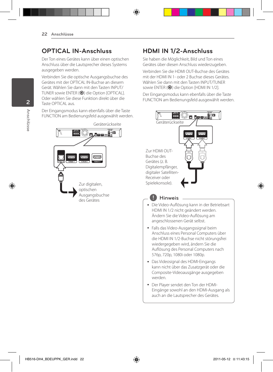 Optical in-anschluss, Hdmi in 1/2-anschluss | Pioneer BCS-FS111 User Manual | Page 148 / 376