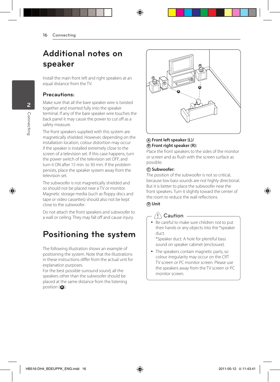 Additional notes on speaker, Positioning the system, Precautions | Caution | Pioneer BCS-FS111 User Manual | Page 16 / 376