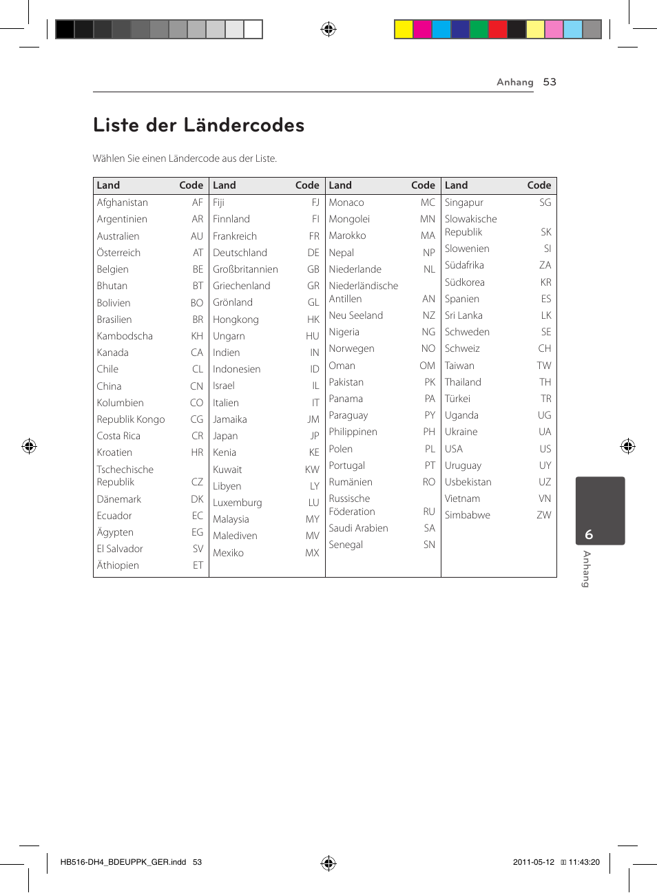 53 liste der ländercodes, Liste der ländercodes | Pioneer BCS-FS111 User Manual | Page 179 / 376