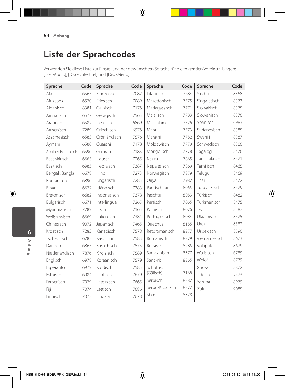 54 liste der sprachcodes, Liste der sprachcodes | Pioneer BCS-FS111 User Manual | Page 180 / 376