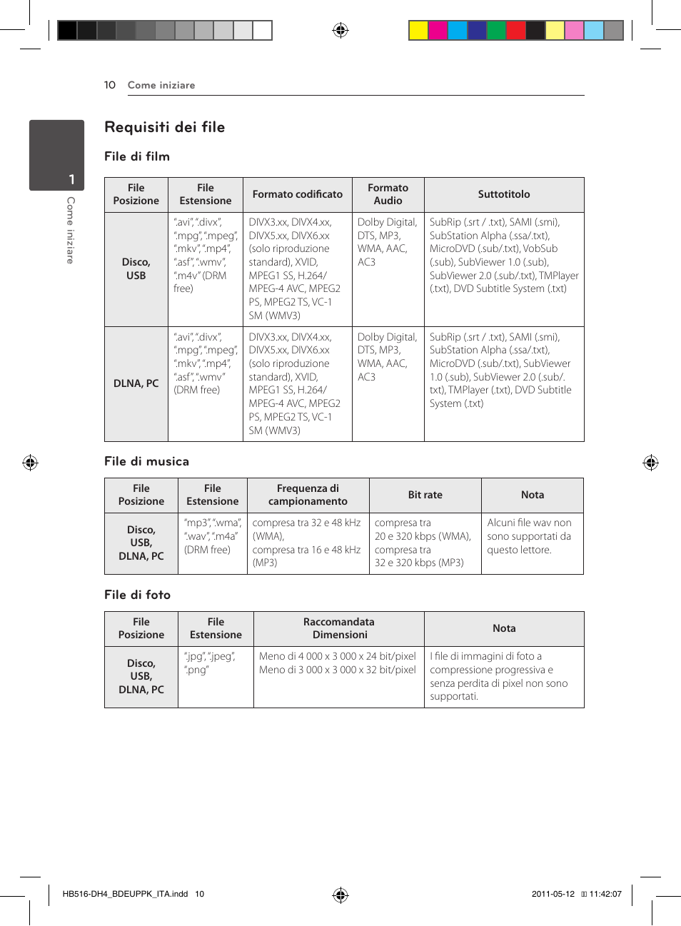 10 – requisiti dei file, Requisiti dei file, File di film | File di musica, File di foto | Pioneer BCS-FS111 User Manual | Page 196 / 376