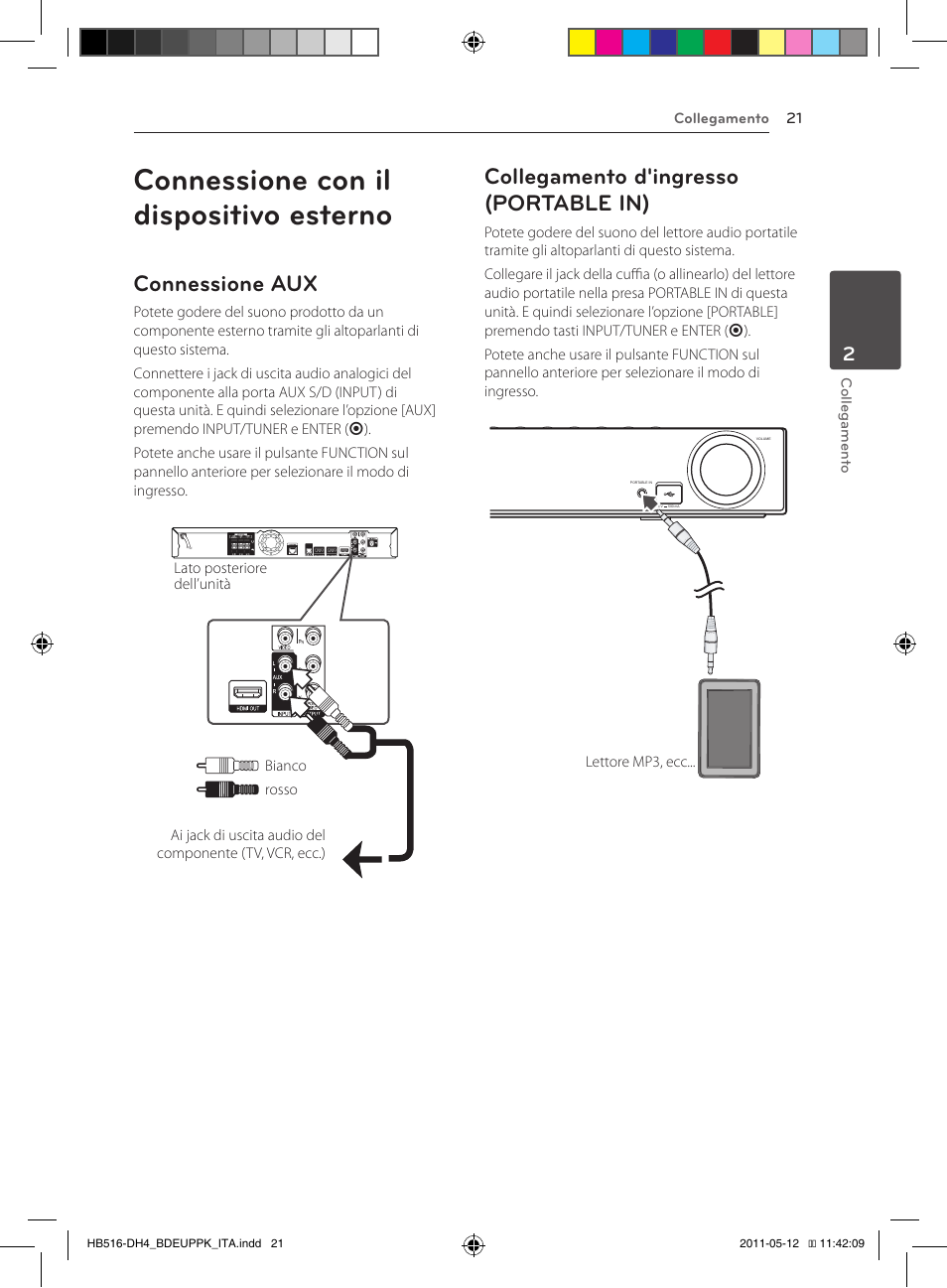 Connessione con il dispositivo esterno, Connessione aux, Collegamento d'ingresso (portable in) | Pioneer BCS-FS111 User Manual | Page 207 / 376