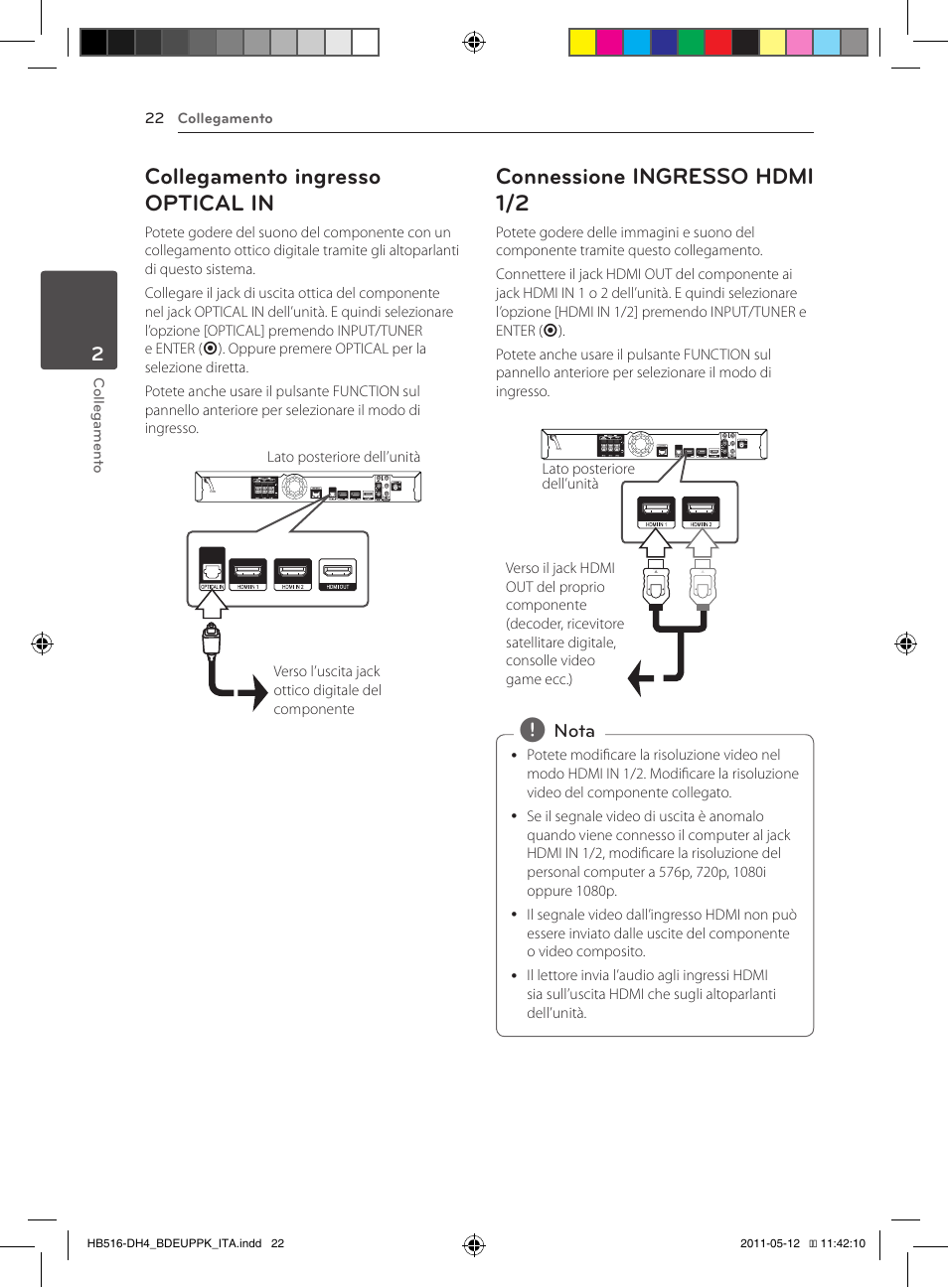 Collegamento ingresso optical in, Connessione ingresso hdmi 1/2 | Pioneer BCS-FS111 User Manual | Page 208 / 376