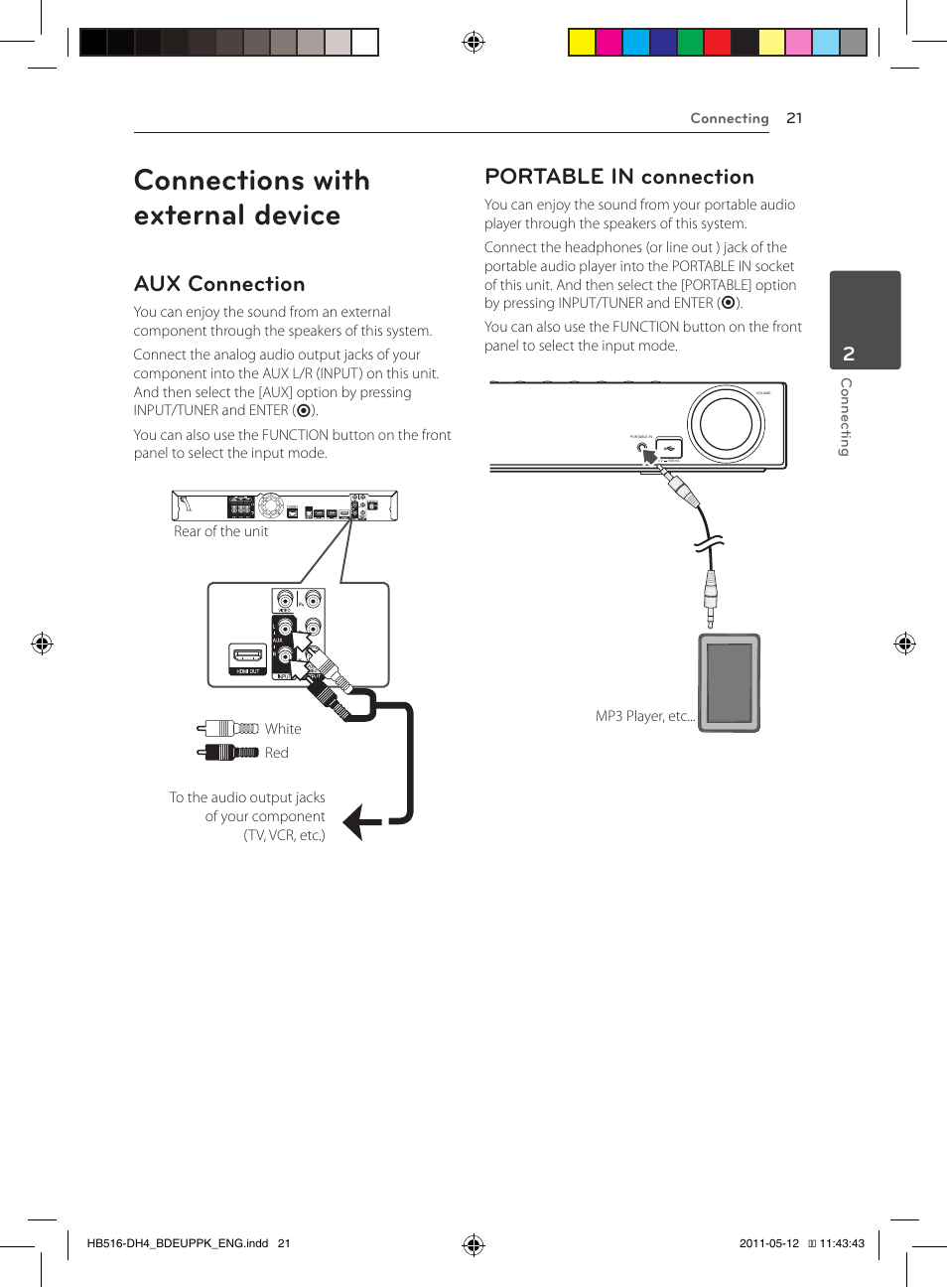 Connections with external device, 21 – aux connection 21 – portable in connection, Aux connection | Portable in connection | Pioneer BCS-FS111 User Manual | Page 21 / 376