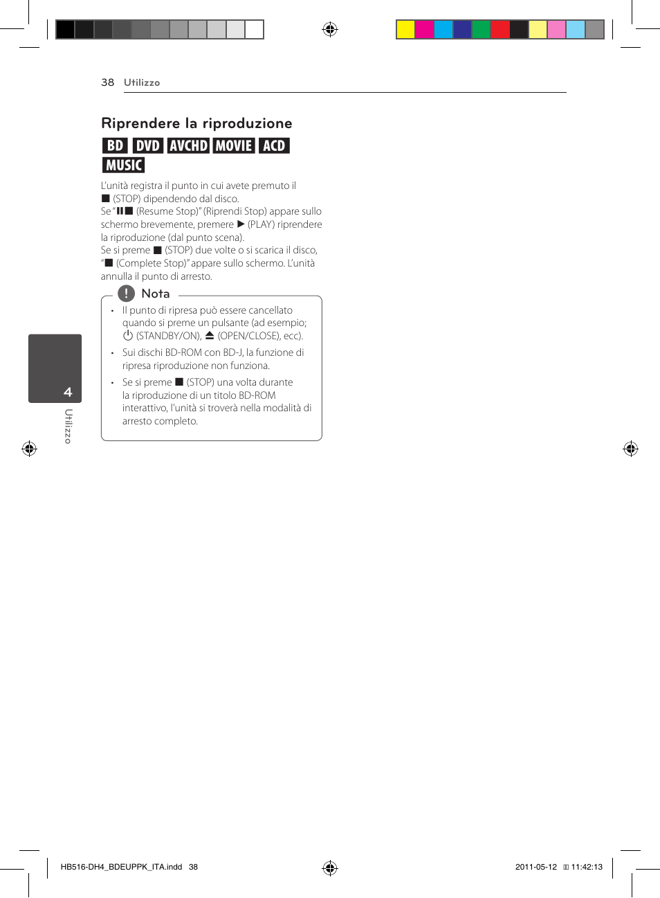 38 – riprendere la riproduzione, Riprendere la riproduzione eroyt, u | Pioneer BCS-FS111 User Manual | Page 224 / 376