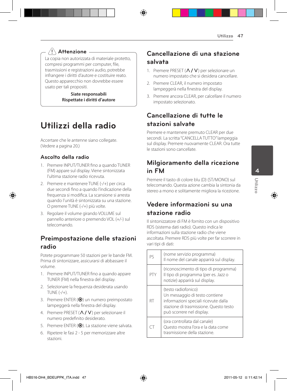 Salvate, Radio, Utilizzi della radio | Preimpostazione delle stazioni radio, Cancellazione di una stazione salvata, Cancellazione di tutte le stazioni salvate, Milgioramento della ricezione in fm, Vedere informazioni su una stazione radio | Pioneer BCS-FS111 User Manual | Page 233 / 376