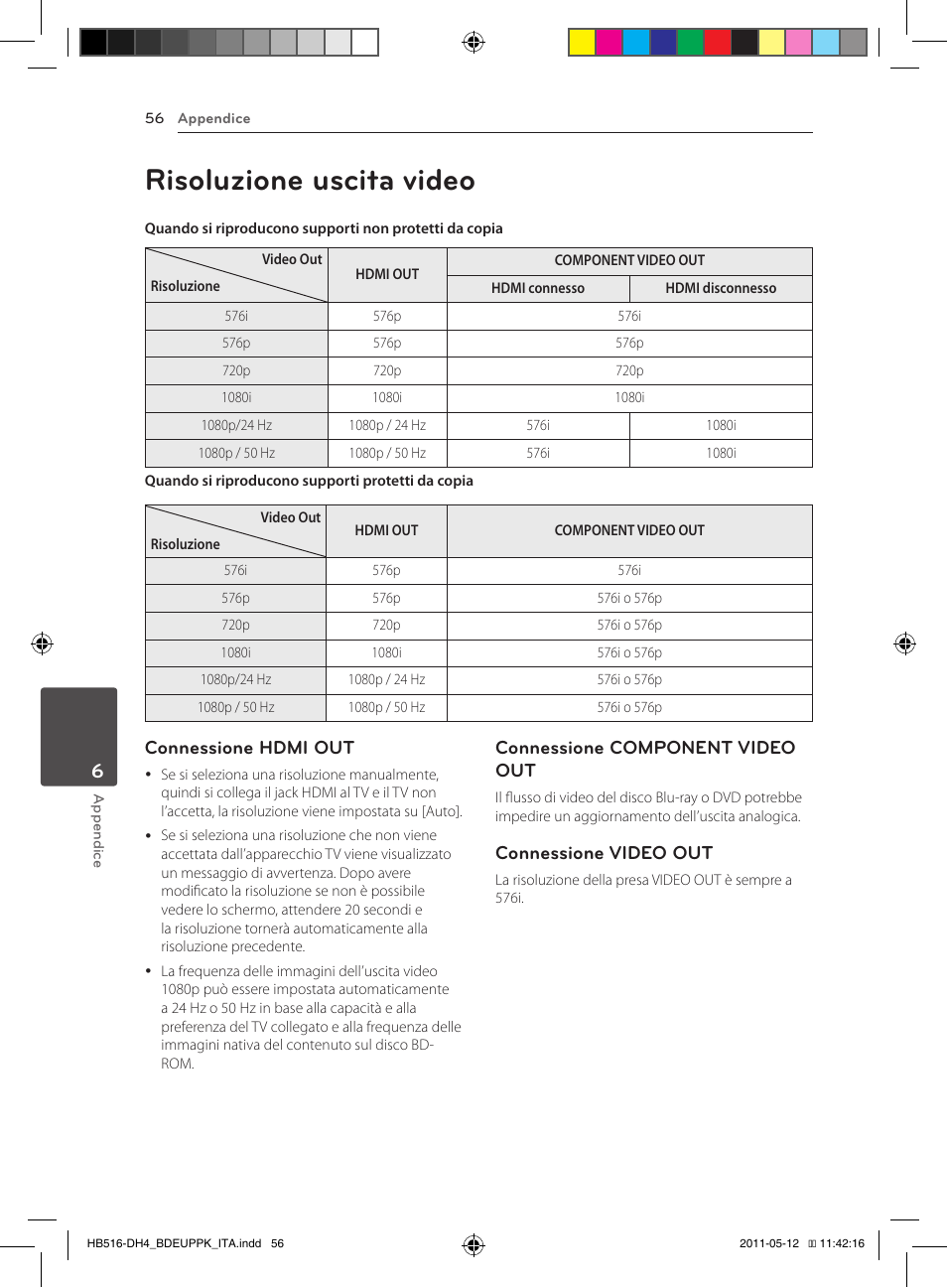 56 risoluzione uscita video, Risoluzione uscita video, Connessione hdmi out | Connessione component video out, Connessione video out | Pioneer BCS-FS111 User Manual | Page 242 / 376