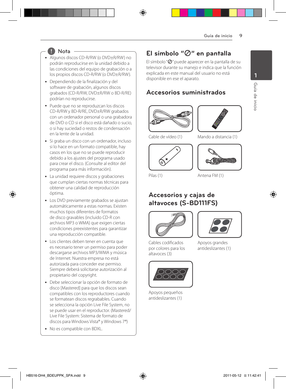 El símbolo, 7” en pantalla, Accesorios suministrados | Accesorios y cajas de altavoces (s-bd111fs), El símbolo “ 7 ” en pantalla | Pioneer BCS-FS111 User Manual | Page 255 / 376