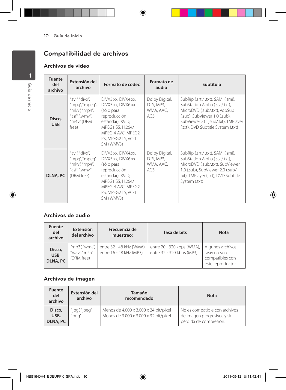 10 – compatibilidad de archivos, Compatibilidad de archivos, Archivos de vídeo | Archivos de audio, Archivos de imagen | Pioneer BCS-FS111 User Manual | Page 256 / 376