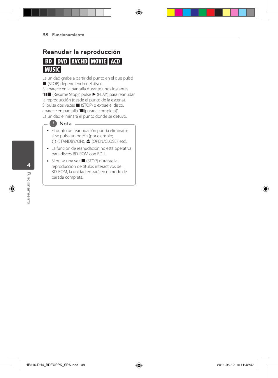 38 – reanudar la reproducción, Reanudar la reproducción eroyt, u | Pioneer BCS-FS111 User Manual | Page 284 / 376