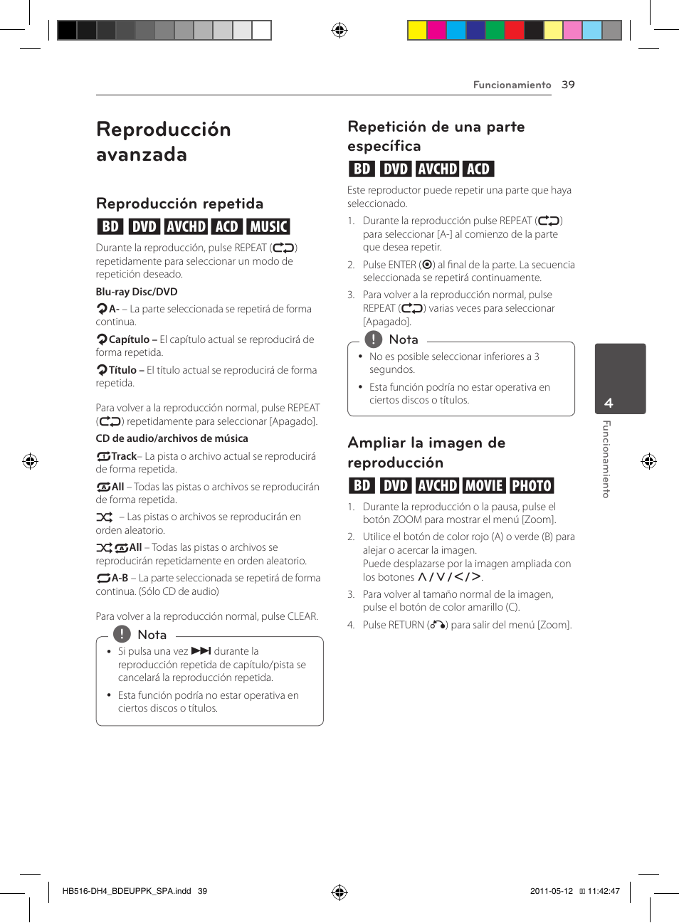 Reproducción avanzada, Reproducción repetida erotu, Repetición de una parte específica erot | Ampliar la imagen de reproducción eroyi | Pioneer BCS-FS111 User Manual | Page 285 / 376