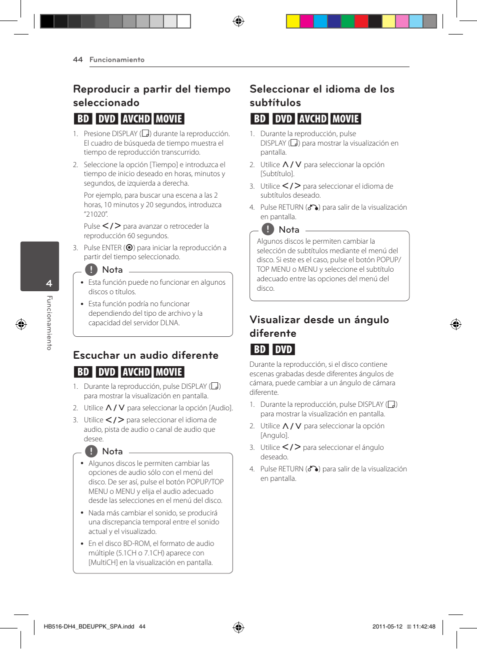 44 – reproducir a partir del tiempo, Seleccionado, Subtítulos | 44 – visualizar desde un ángulo diferente, Reproducir a partir del tiempo seleccionado eroy, Escuchar un audio diferente eroy, Seleccionar el idioma de los subtítulos eroy, Visualizar desde un ángulo diferente er | Pioneer BCS-FS111 User Manual | Page 290 / 376