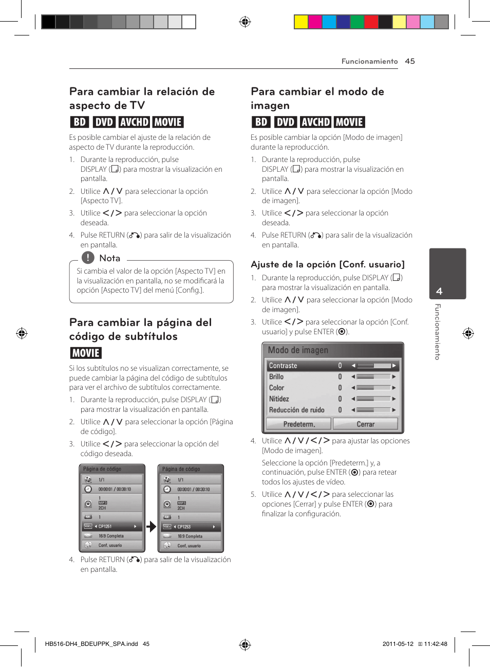 45 – para cambiar la relación de aspecto, De tv, Subtítulos | 45 – para cambiar el modo de imagen, Para cambiar la relación de aspecto de tv eroy, Para cambiar la página del código de subtítulos y, Para cambiar el modo de imagen eroy | Pioneer BCS-FS111 User Manual | Page 291 / 376