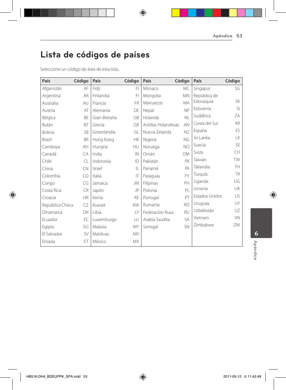 53 lista de códigos de países, Lista de códigos de países | Pioneer BCS-FS111 User Manual | Page 299 / 376