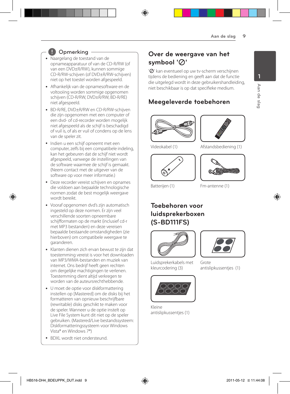 Over de weergave van het symbool, Meegeleverde toebehoren, Toebehoren voor luidsprekerboxen (s-bd111fs) | Over de weergave van het symbool ' 7 | Pioneer BCS-FS111 User Manual | Page 315 / 376
