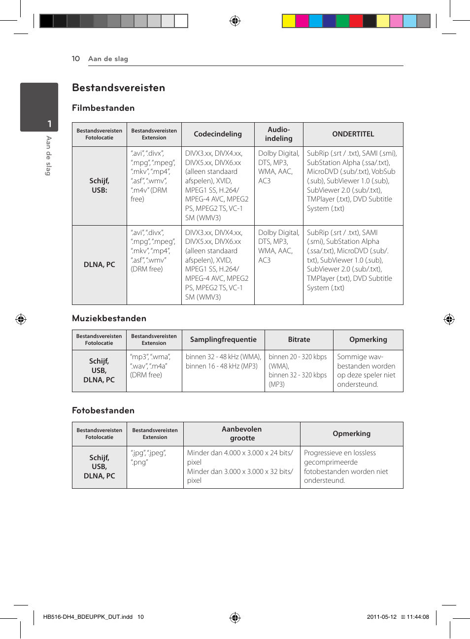 10 – bestandsvereisten, Bestandsvereisten, Filmbestanden | Muziekbestanden, Fotobestanden | Pioneer BCS-FS111 User Manual | Page 316 / 376