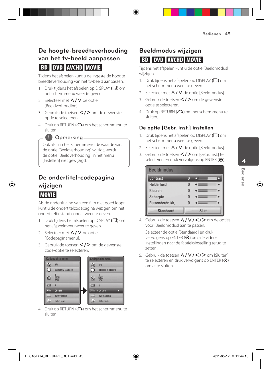 45 – de hoogte-breedteverhouding van het, Tv-beeld aanpassen, De ondertitel-codepagina wijzigen y | Beeldmodus wijzigen eroy | Pioneer BCS-FS111 User Manual | Page 351 / 376
