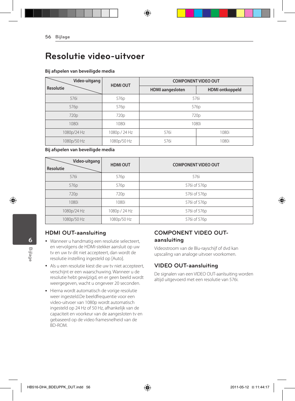 56 resolutie video-uitvoer, Resolutie video-uitvoer, Hdmi out-aansluiting | Component video out- aansluiting, Video out-aansluiting | Pioneer BCS-FS111 User Manual | Page 362 / 376