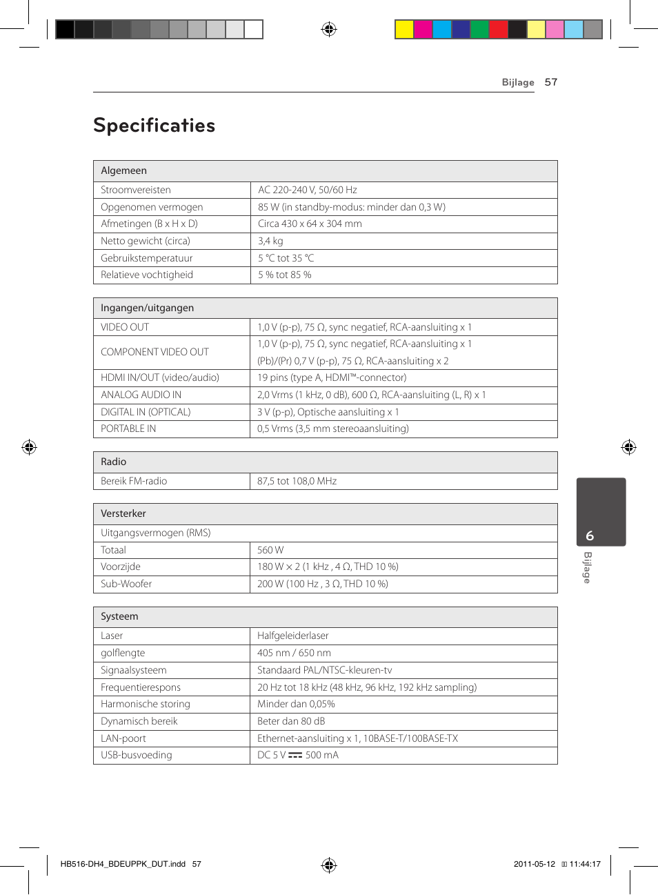 57 specificaties, Specificaties | Pioneer BCS-FS111 User Manual | Page 363 / 376