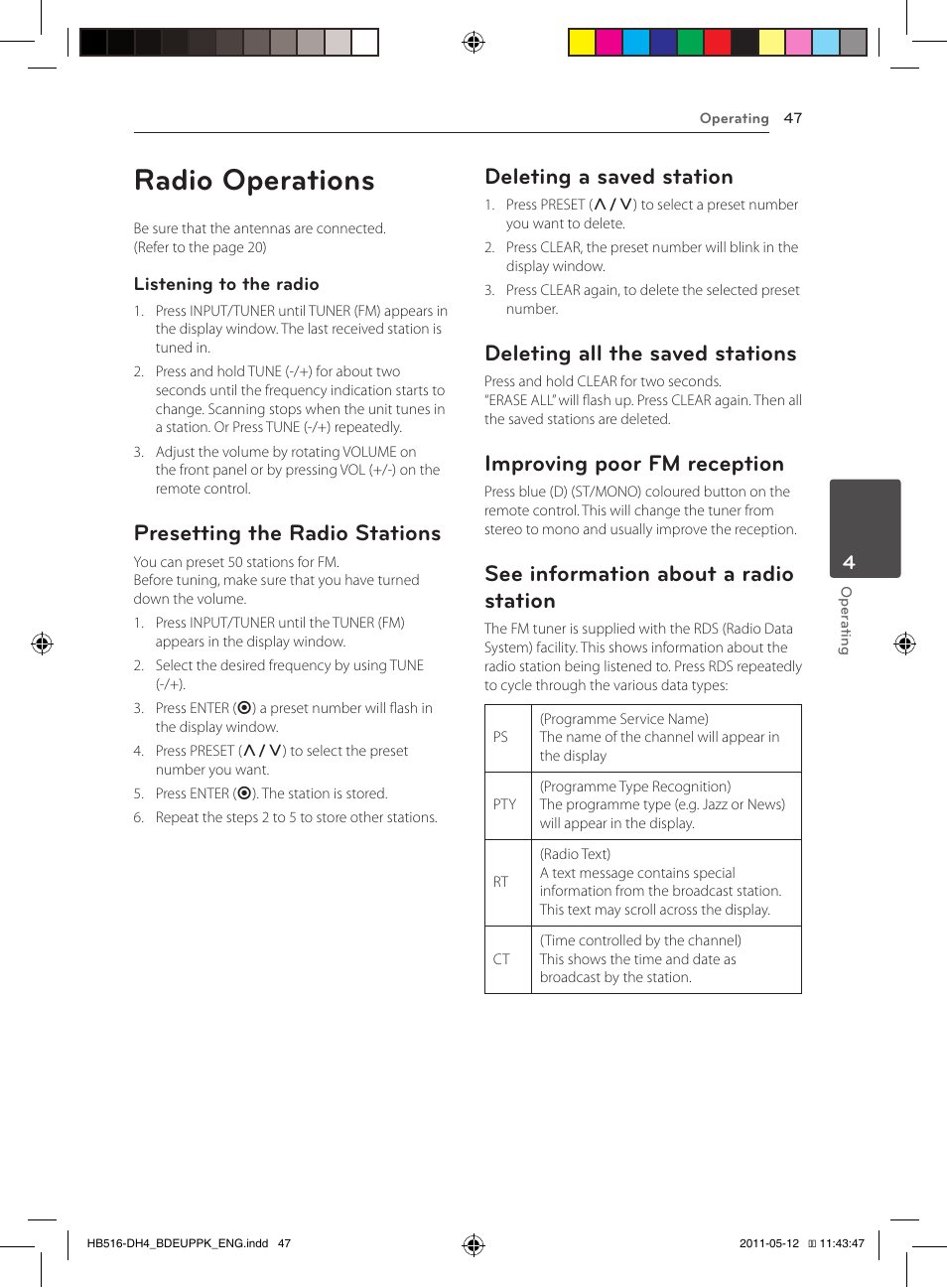 Radio operations, Presetting the radio stations, Deleting a saved station | Deleting all the saved stations, Improving poor fm reception, See information about a radio station | Pioneer BCS-FS111 User Manual | Page 47 / 376