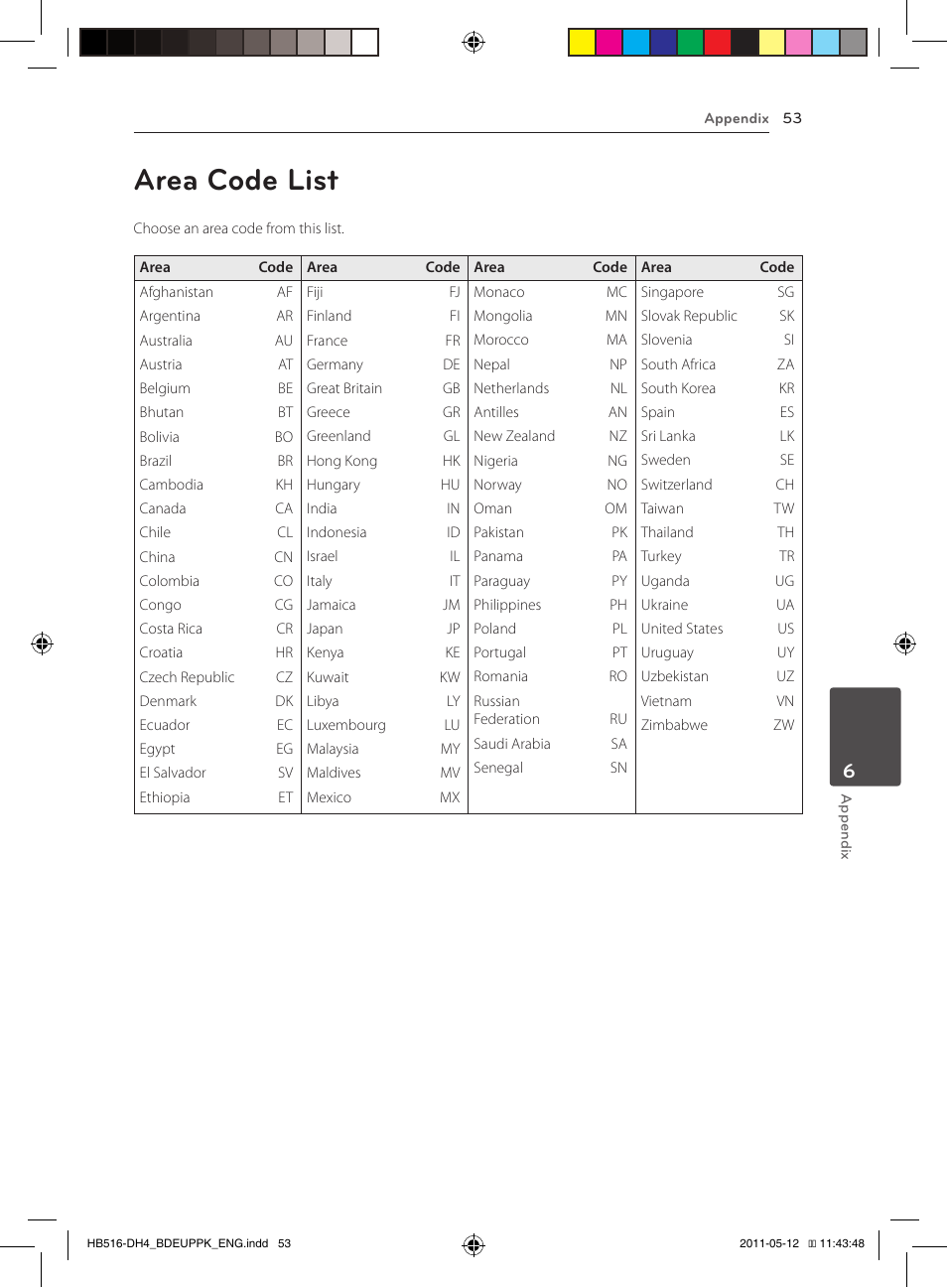 53 area code list, Area code list | Pioneer BCS-FS111 User Manual | Page 53 / 376
