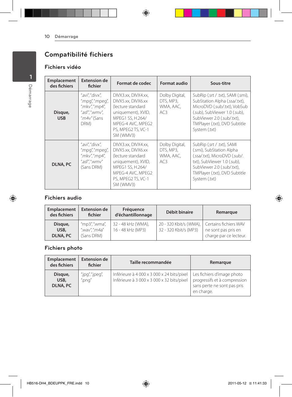 10 – compatibilité fichiers, Compatibilité fichiers, Fichiers vidéo | Fichiers audio, Fichiers photo | Pioneer BCS-FS111 User Manual | Page 70 / 376