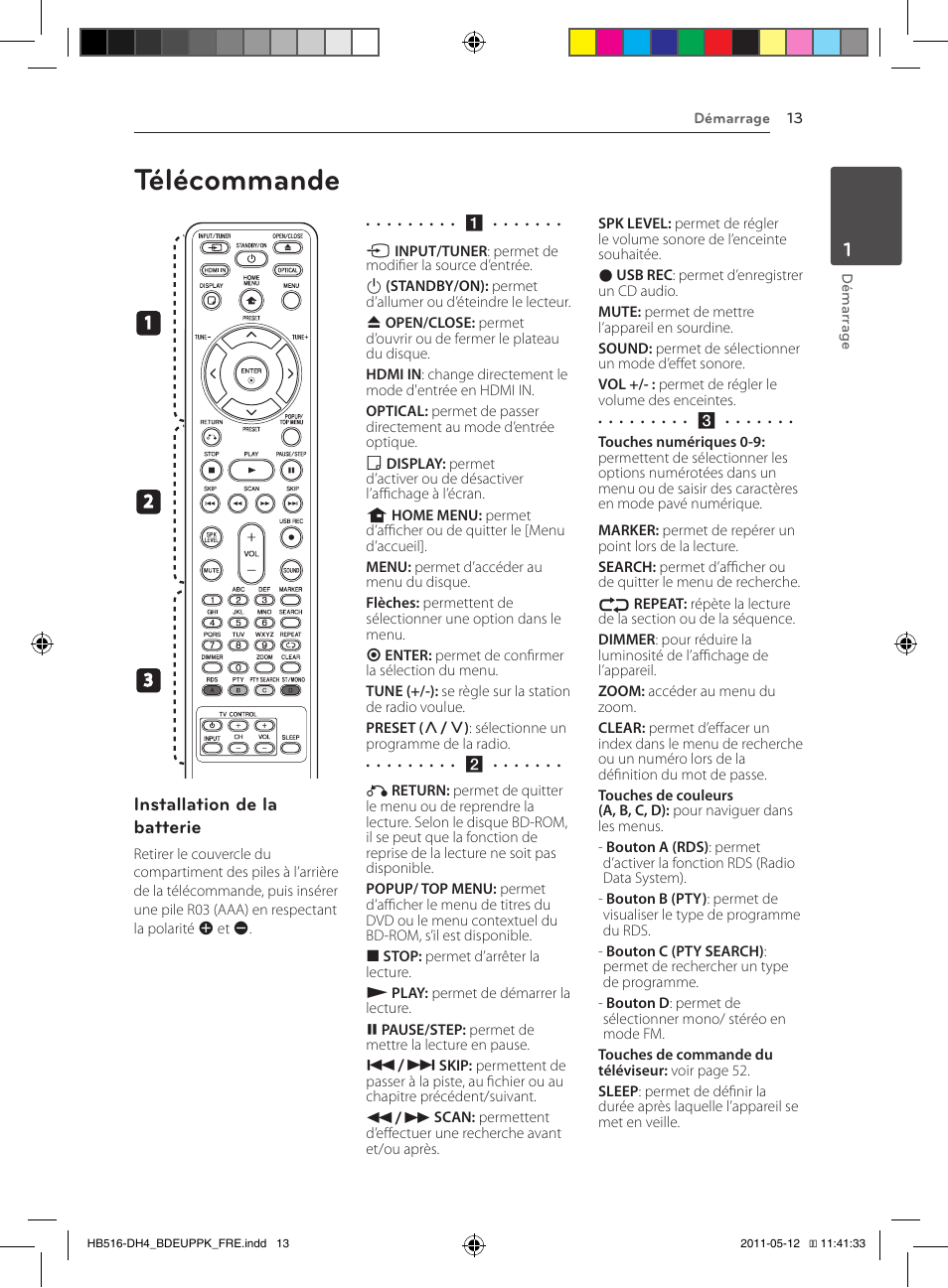 Télécommande, Installation de la batterie | Pioneer BCS-FS111 User Manual | Page 73 / 376