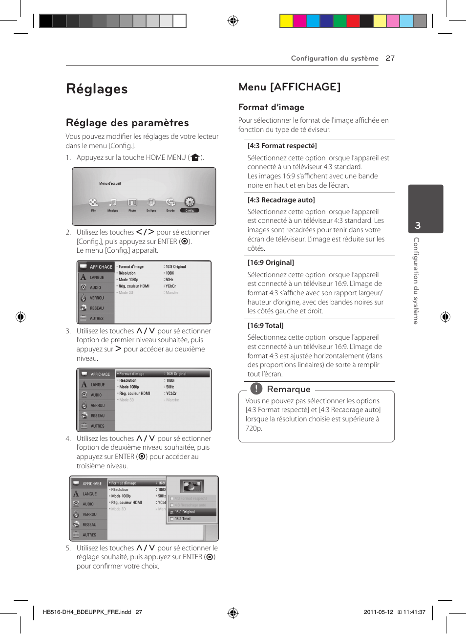 Réglages, Réglage des paramètres, Menu [affichage | Pioneer BCS-FS111 User Manual | Page 87 / 376