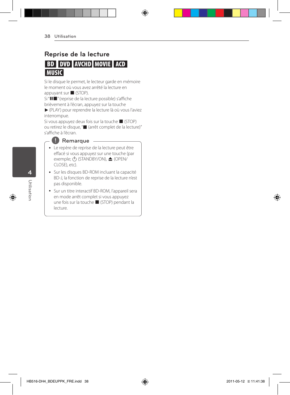 38 – reprise de la lecture, Reprise de la lecture eroyt, u | Pioneer BCS-FS111 User Manual | Page 98 / 376