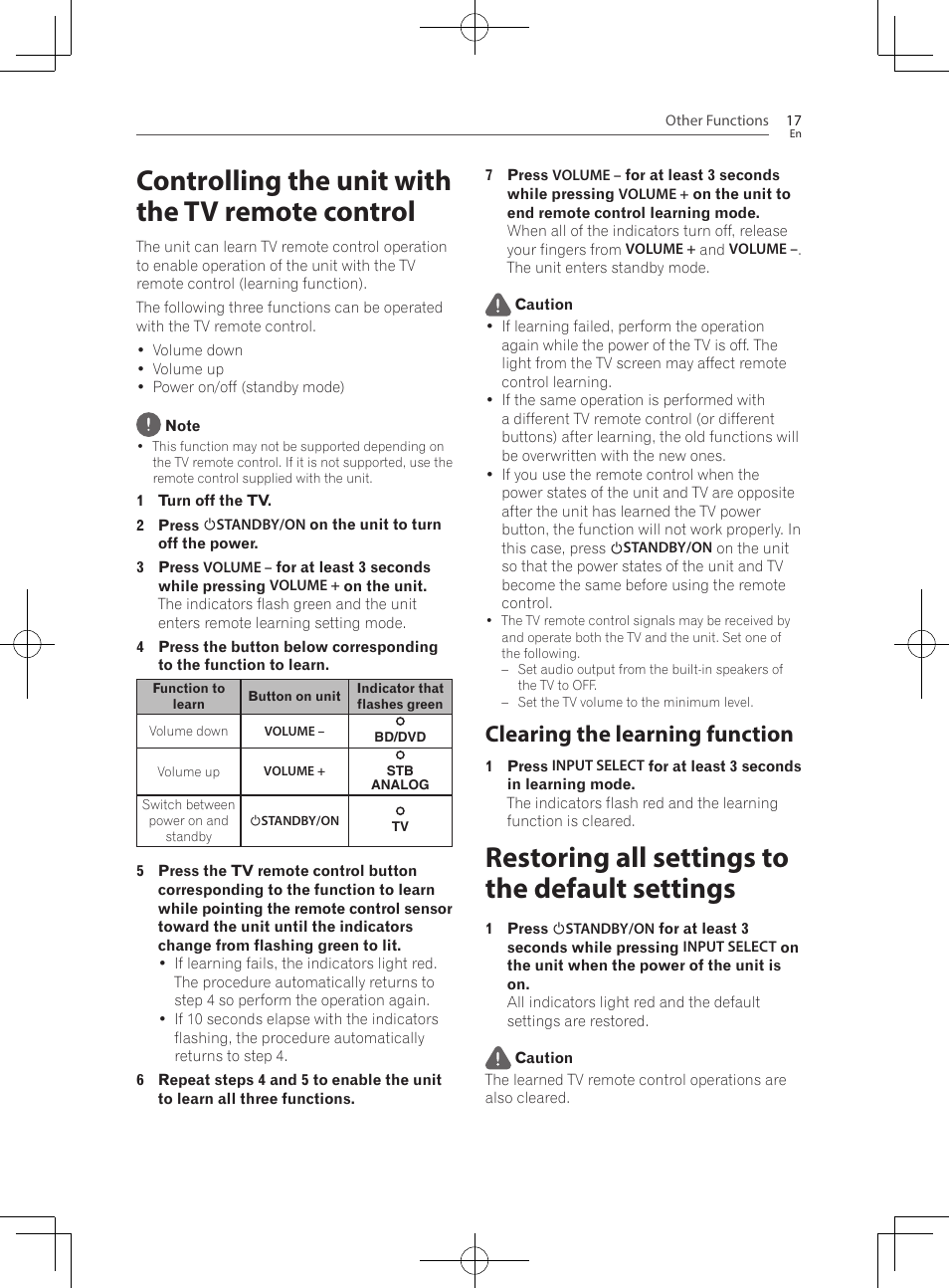 Controlling the unit with the tv remote control, Clearing the learning function, Restoring all settings to the default settings | Pioneer SBX-300 User Manual | Page 17 / 28