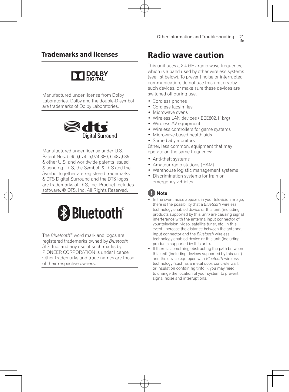 Trademarks and licenses, Radio wave caution | Pioneer SBX-300 User Manual | Page 21 / 28