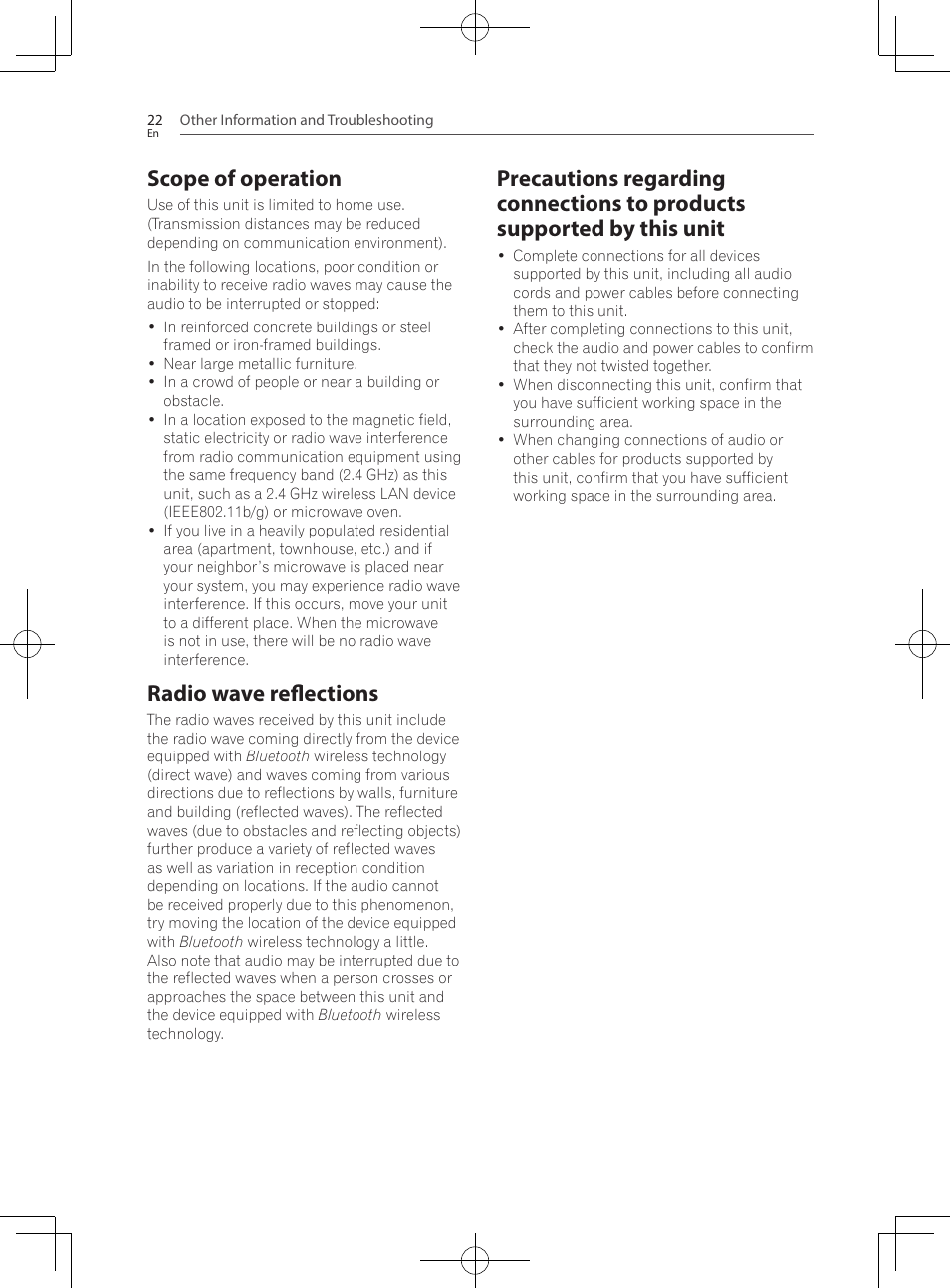 Scope of operation, Radio wave reflections, Precautions regarding connections to products | Supported by this unit | Pioneer SBX-300 User Manual | Page 22 / 28