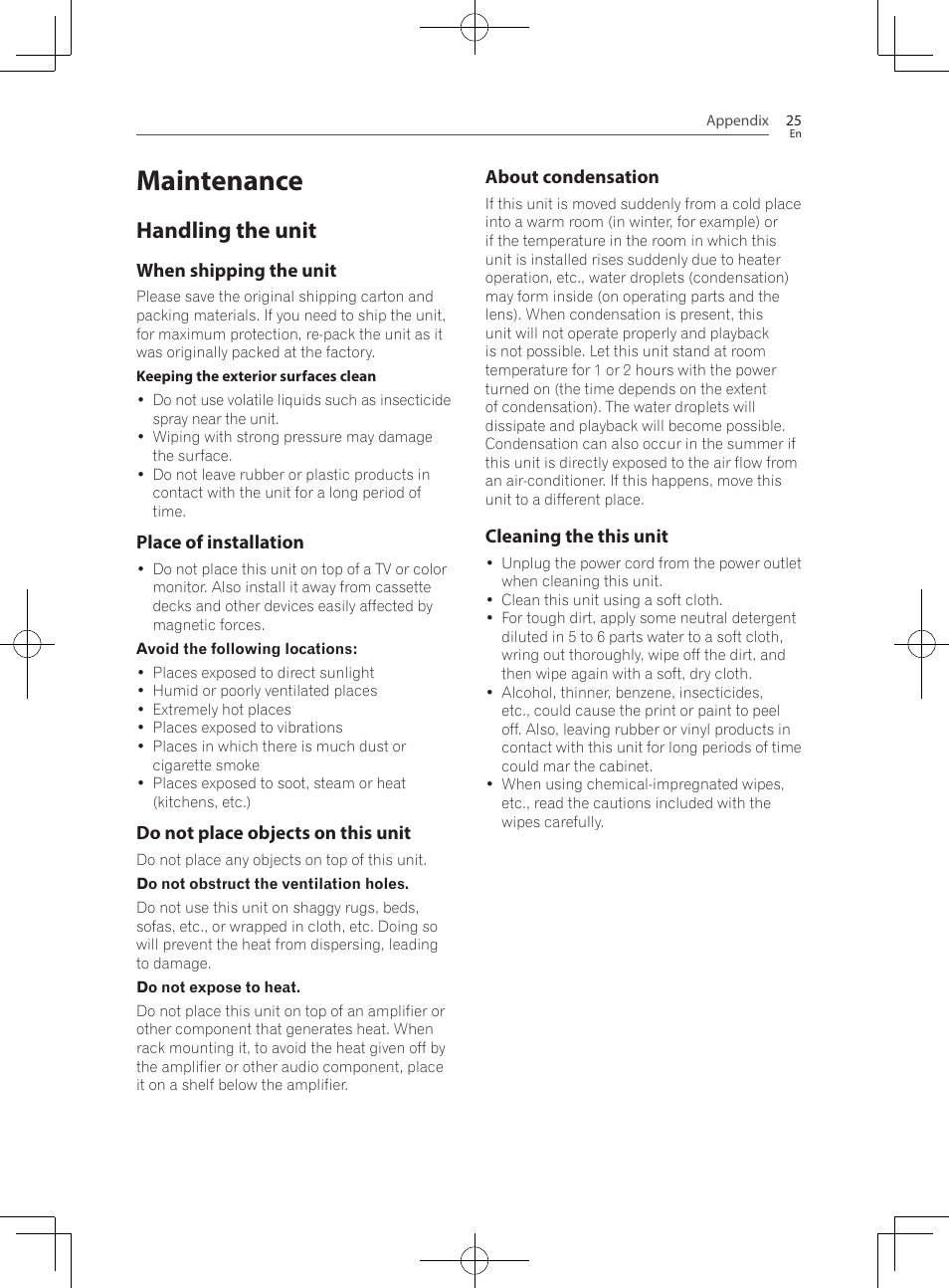 25 maintenance 25, Handling the unit, Maintenance | Pioneer SBX-300 User Manual | Page 25 / 28