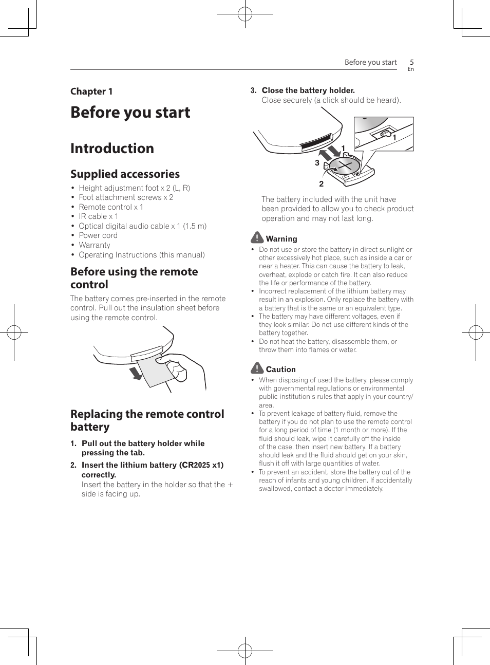Before you start, 5 introduction 5, Supplied accessories | Before using the remote control, Replacing the remote control battery, Introduction | Pioneer SBX-300 User Manual | Page 5 / 28