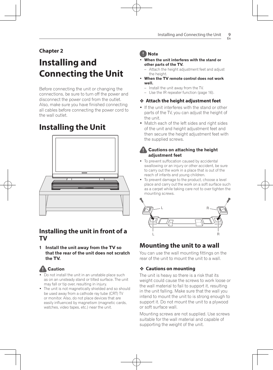 Installing and connecting the unit, Installing the unit, Installing the unit in front of a tv | Mounting the unit to a wall | Pioneer SBX-300 User Manual | Page 9 / 28
