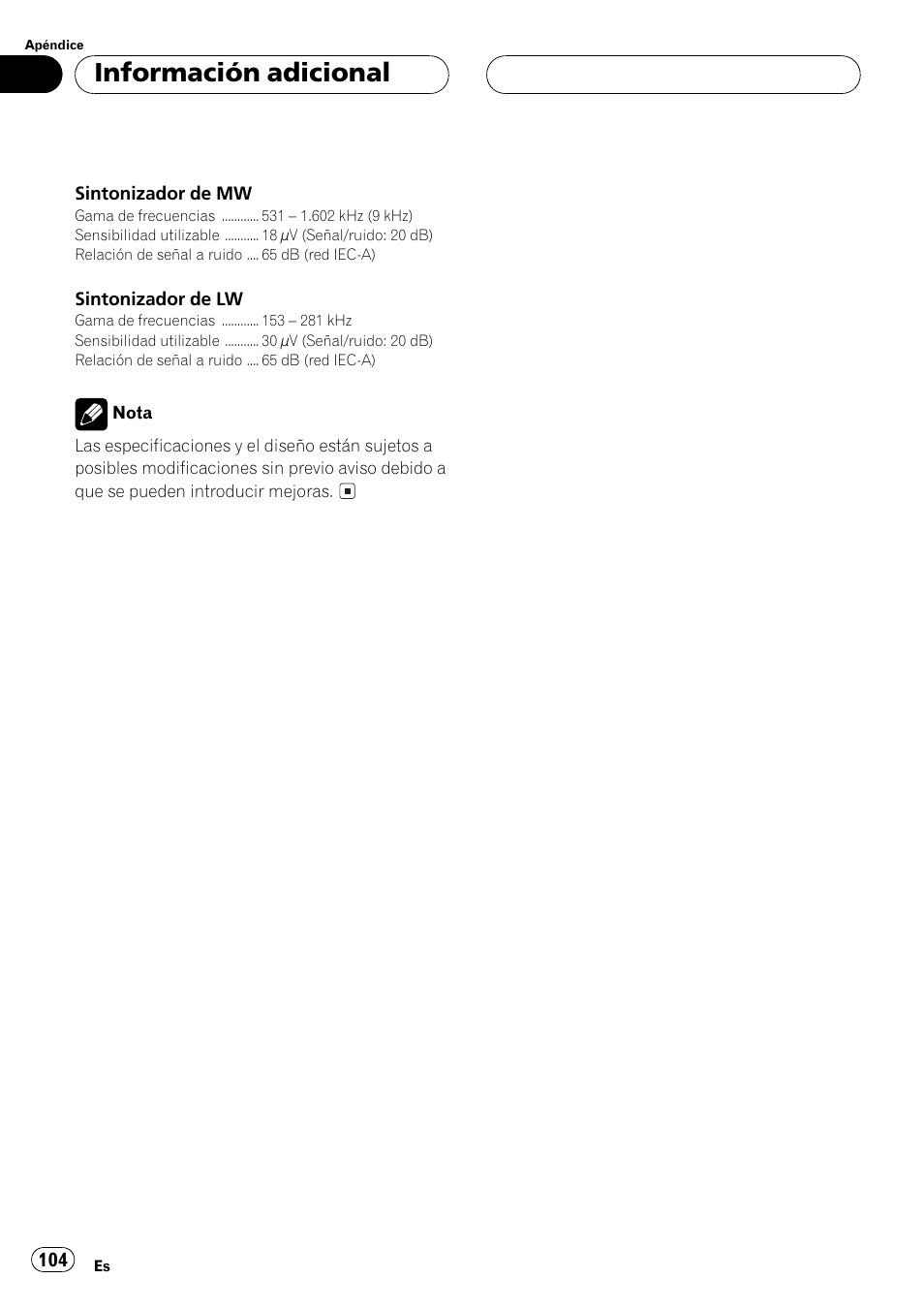 Información adicional | Pioneer DEH-P6500R User Manual | Page 104 / 108