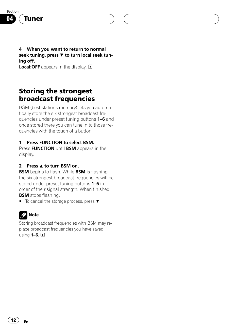 Storing the strongest broadcast, Frequencies 12, Storing the strongest broadcast frequencies | Tuner | Pioneer DEH-P6500R User Manual | Page 12 / 108