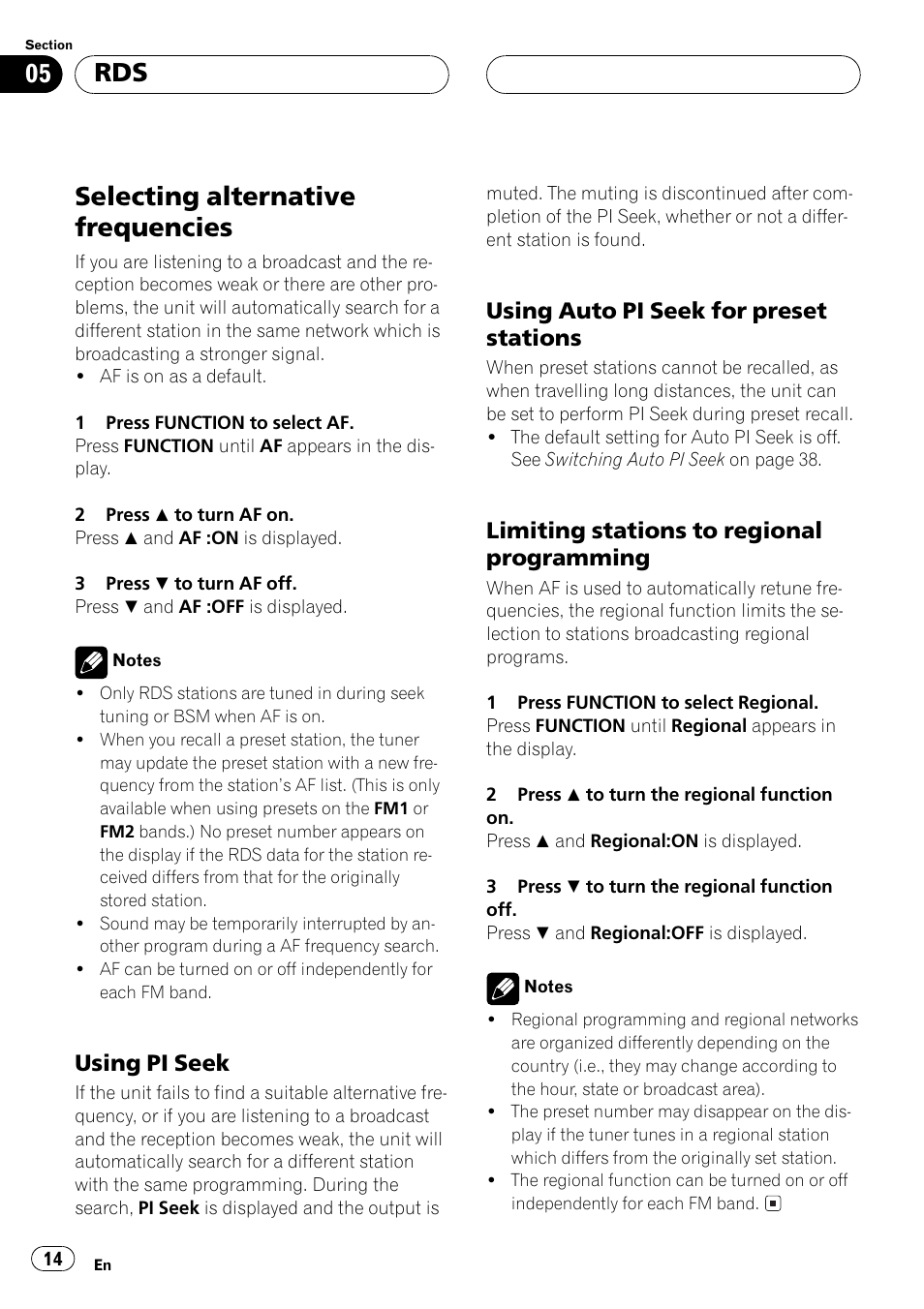 Selecting alternative frequencies 14, Using pi seek 14, Using auto pi seek for preset | Stations 14, Limiting stations to regional, Programming 14, Selecting alternative frequencies, Using pi seek, Using auto pi seek for preset stations, Limiting stations to regional programming | Pioneer DEH-P6500R User Manual | Page 14 / 108
