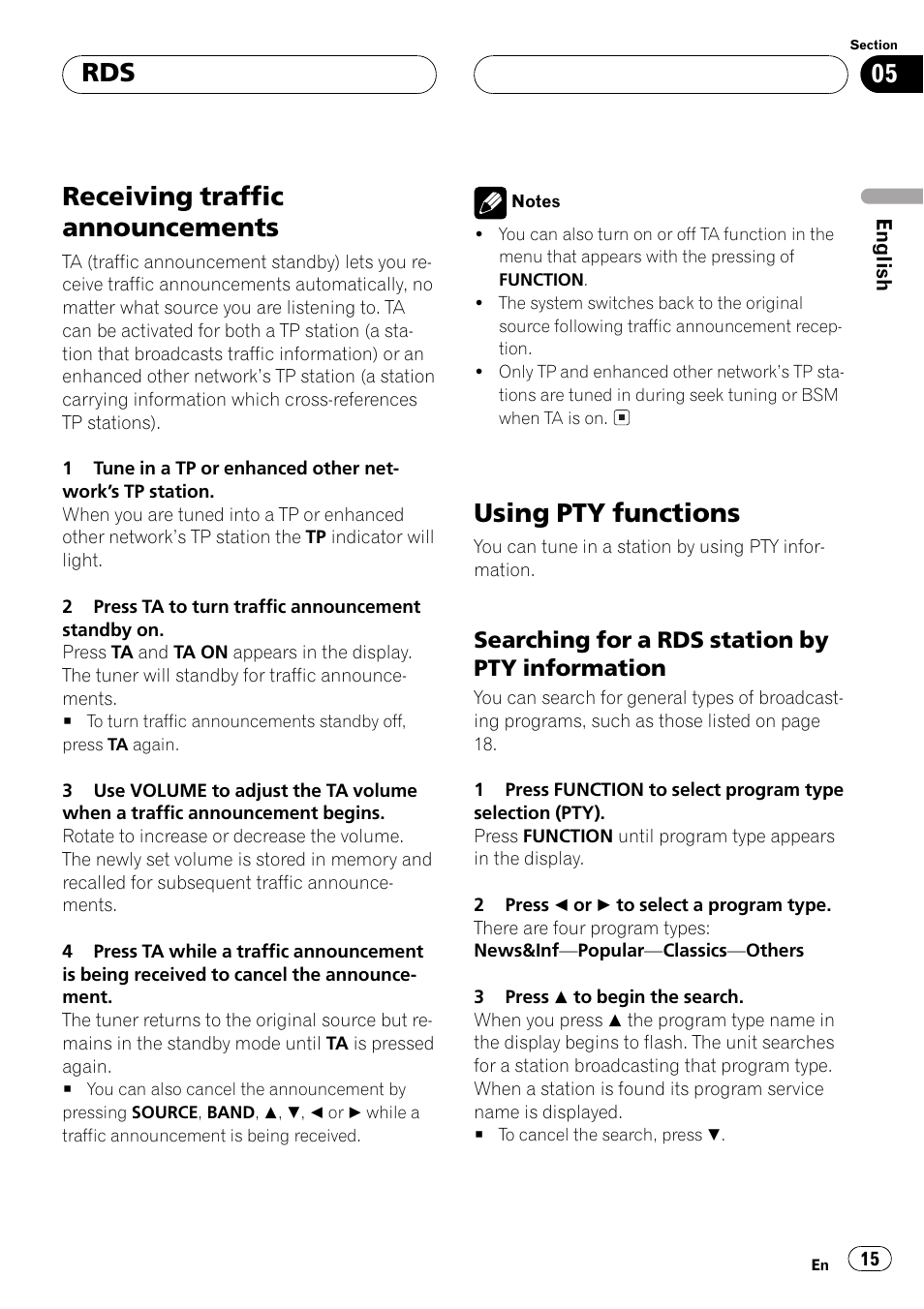 Searching for a rds station by pty, Information 15, Receiving traffic announcements | Using pty functions | Pioneer DEH-P6500R User Manual | Page 15 / 108