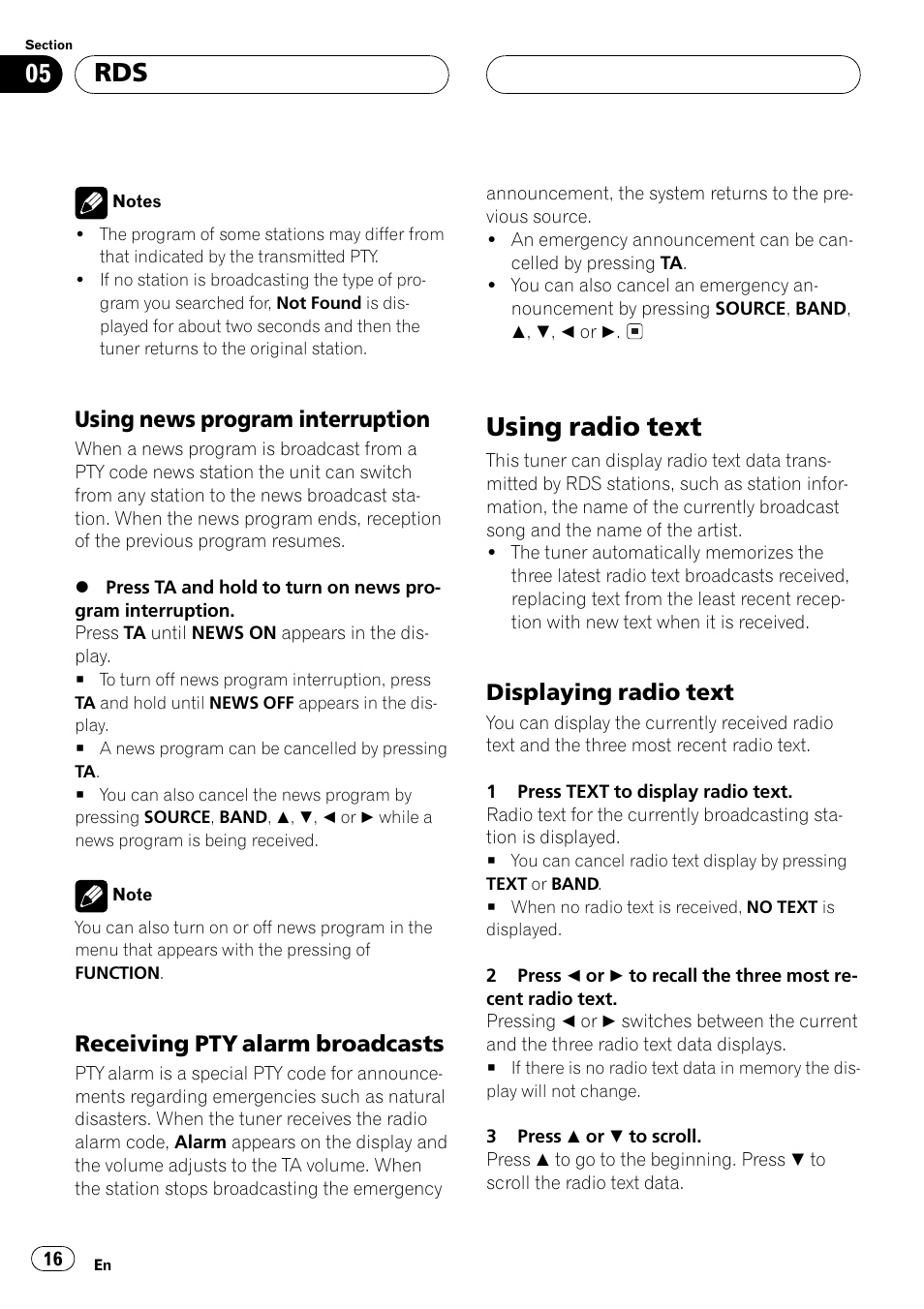 Using news program interruption 16, Receiving pty alarm broadcasts 16, Using radio text 16 | Displaying radio text 16, Using radio text, Using news program interruption, Receiving pty alarm broadcasts, Displaying radio text | Pioneer DEH-P6500R User Manual | Page 16 / 108